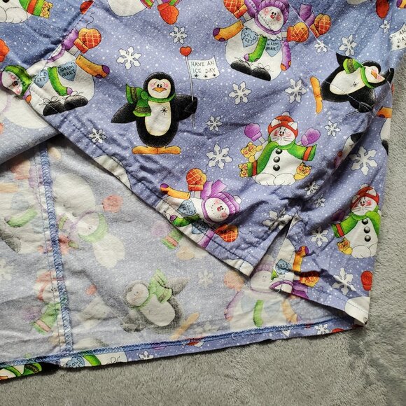 Snowman and Penguin Holiday Graphics V-neck Scrub Top 2 Pockets Blue Wm Sz 3XL - Picture 8 of 10